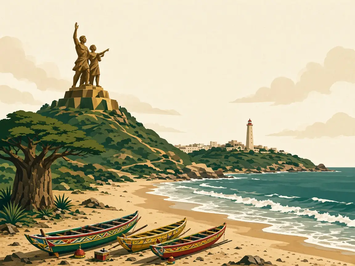Le monument de la Renaissance africaine et des pirogues sur une plage de Dakar